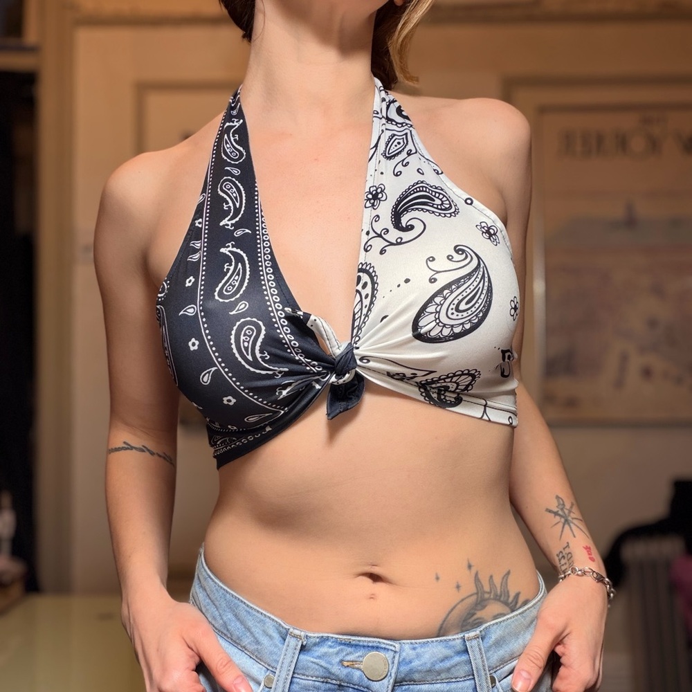 Navy Blue and White Paisley Halter Top